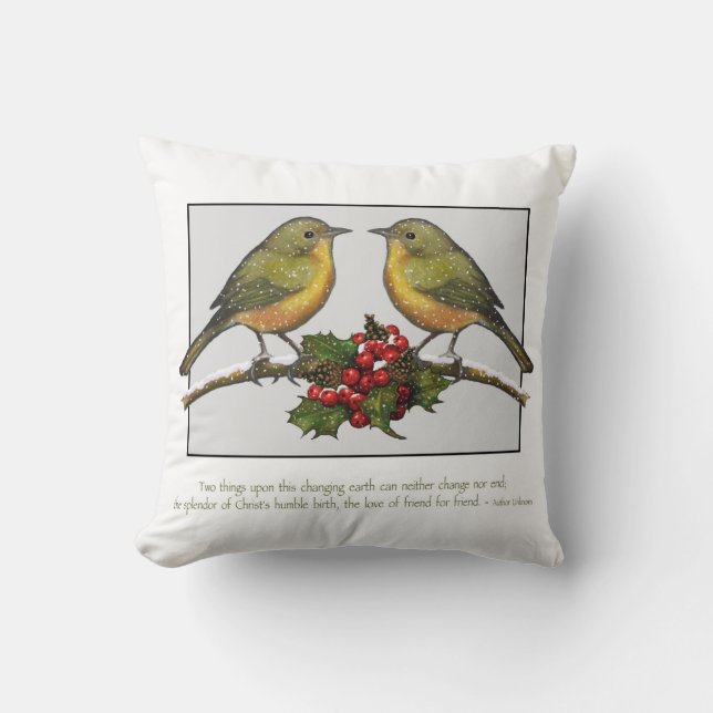 Kerstvogels, citaat over vriendschap, kunst kussen (Voorkant)