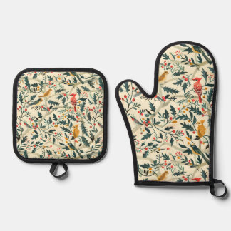 Kerstvogels en bladeren ovenwant & pannenlap set