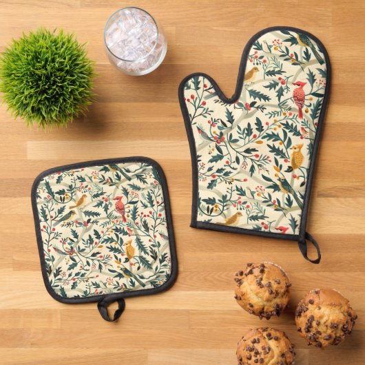 Kerstvogels en bladeren ovenwant & pannenlap set (Top down)