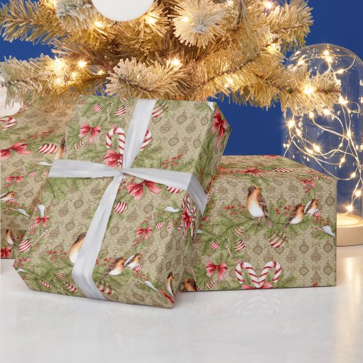 Kerstvogels en pijnboomtruien en snoepsnoepjes cadeaupapier (Feestdagen)