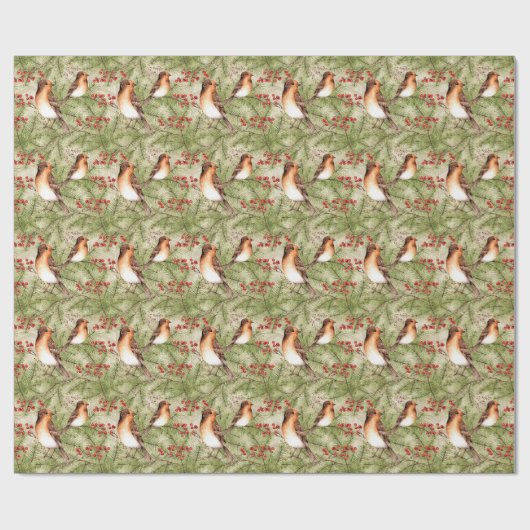 Kerstvogels en pijnhout en bessen cadeaupapier (Vlak)