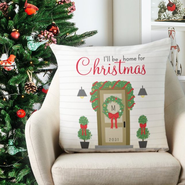 Kerstvoordeur Stijlvol Monogram Decoratief Kussen (Christmas Front Door Stylish Monogram Decorative Throw Pillow)