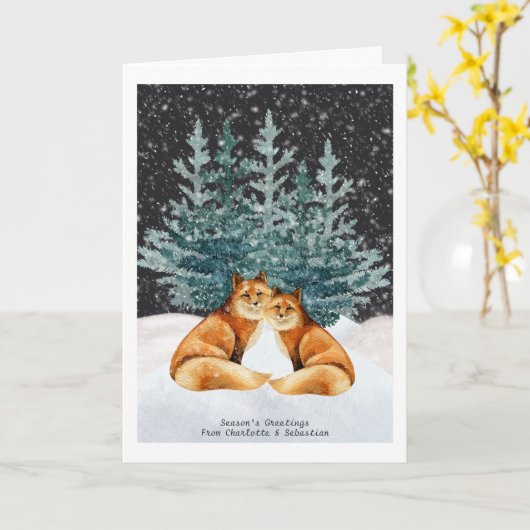 Kerstvosstel Met Boom En Sneeuw Aquarel Kaart (Gele Bloem)