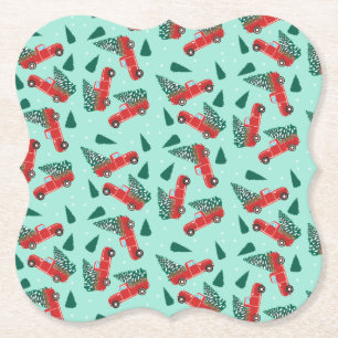 Kerstvrachtwagen met een roodbruine boom kartonnen onderzetters