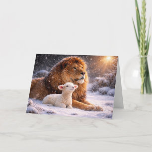 Kerstvrede met Leeuw en Lam Sneeuw Heilige Licht Feestdagen Kaart