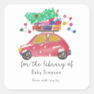 Kerstwagen - Bookplaat, boeken voor baby Vierkante Sticker