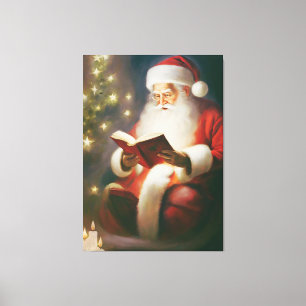 Kerstwandkunst Oude Stijl met Lezende Kerstman Canvas Afdruk