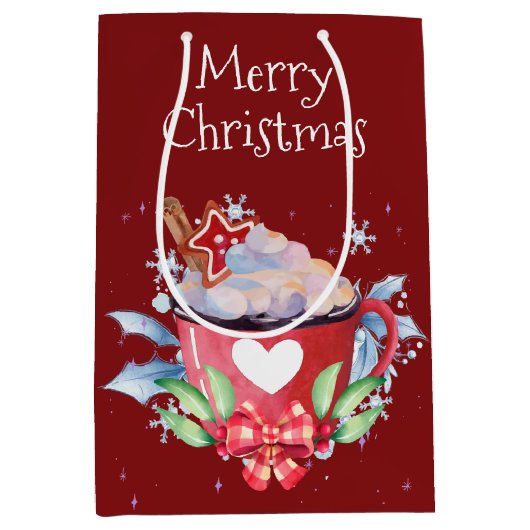 Kerstwarme chocolade op rood medium cadeauzakje (Voorkant)