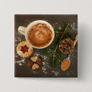 Kerstwarme chocolade vierkante button 5,1 cm