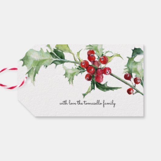 kerstWaterverf Holly Berries Scrip Cadeaulabel (Achterkant Horizontaal)