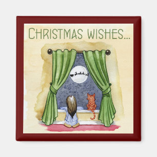 Kerstwens Kute Child & Kitty Cat Xmas Magneet