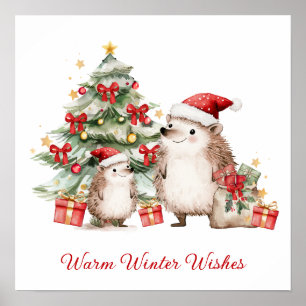 Kerstwensen van de egel in een kerstman muts poster