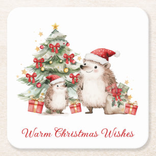 Kerstwensen van de egel in kerstmannenhoed vierkante kartonnen onderzetter