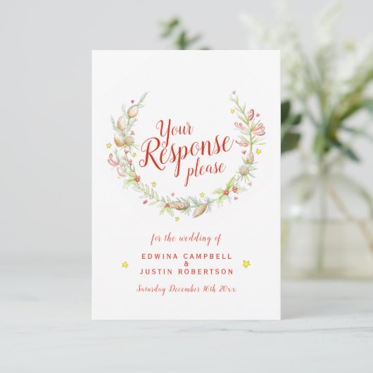 Kerstwinter bruiloft bloemenkrans kunst RSVP kaartje (Staand voorkant)
