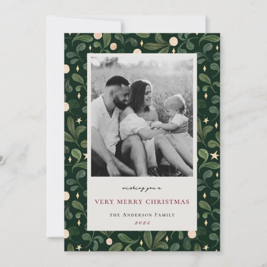 Kerstwinter gebladerte tweezijdige familiefoto feestdagenkaart (Voorkant)