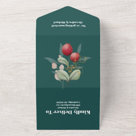 Kerstwinter groen bruiloft all in one uitnodiging (Buitenkant)