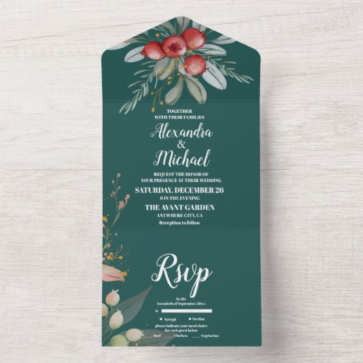 Kerstwinter groen bruiloft all in one uitnodiging (Binnen)