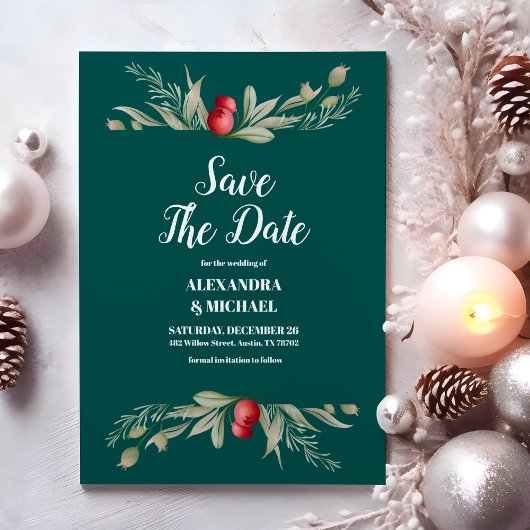 Kerstwinter groen bruiloft save the date