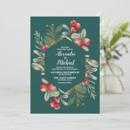 Kerstwinter Holly Berry bruiloft Kaart (Staand voorkant)