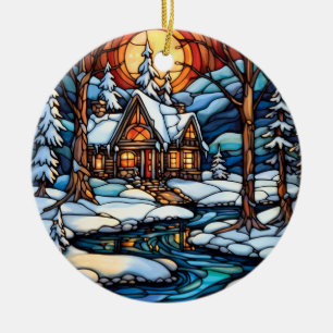 Kerstwinter Landschap gebrandschilderd glas stijl Keramisch Ornament