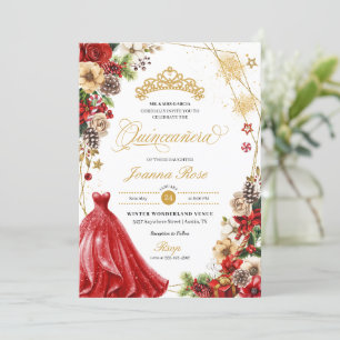 Kerstwinter Rode & Gouden Poinsettia Quinceanera Kaart