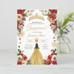 Kerstwinter Rode & Gouden Poinsettia Quinceanera Kaart