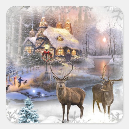 Kerstwinter Wilderness Cottage Vierkante Sticker (Voorkant)