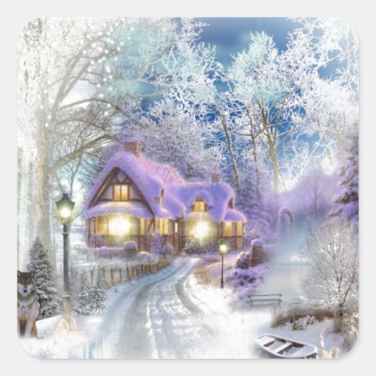 Kerstwinter Wonderland Cottage Holiday Vierkante Sticker (Voorkant)