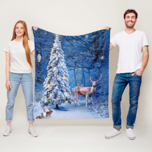 Kerstwintersneeuw bedekt met boomlampjes fleece deken