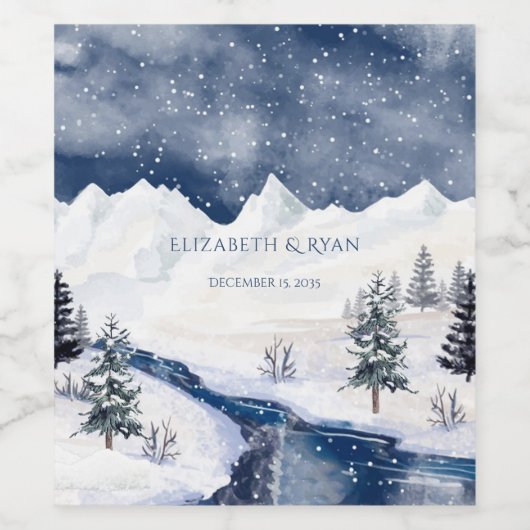 Kerstwinterweduwschap Snow River Pine Trees Wijn Etiket (Enkel label)