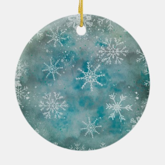 Kerstwinterwitte sneeuwvlokken op blauw keramisch ornament (Achterkant)