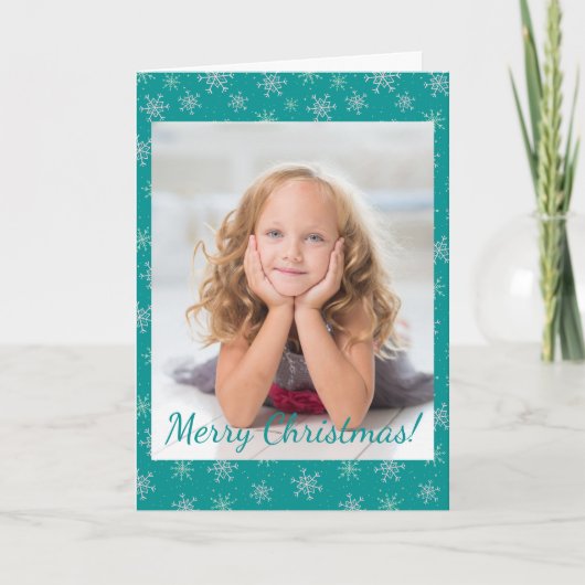 Kerstwit en Aqua Snowflakes op Blauwgroen foto Notitiekaartje (Voorkant)