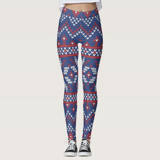 Kerstwit, rood en blauw patroon leggings (Voorkant)