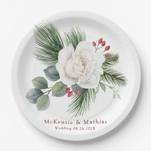 Kerstwitte roze en rode bessen pinbruiloft papieren bordje (Voorkant)