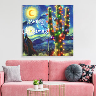 Kerstwoestijn Saguaro Cactus Night Moon Blue Canvas Afdruk