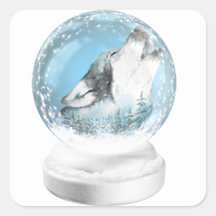 kerstwolf in Winter Snow Wereldbol Vierkante Sticker