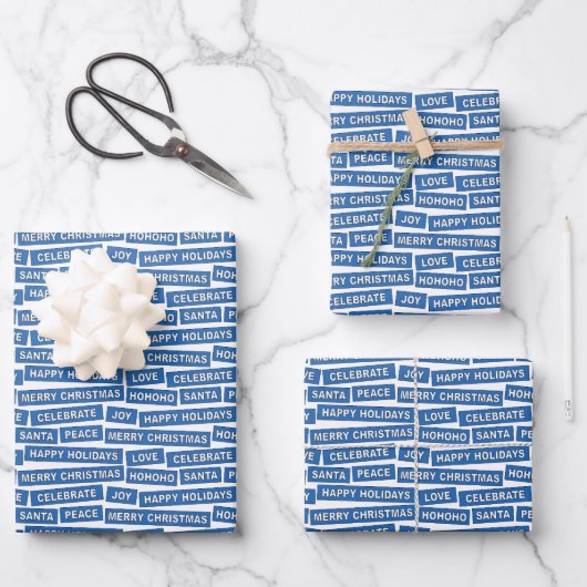Kerstwoorden Blauw verpakken Papieren Bladen Inpakpapier Vel (Voorkant)