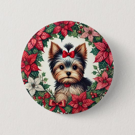 KerstYorkie Ronde Button 5,7 Cm (Voorkant)