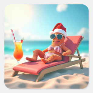 Kerstzeester zonnebaden in een bikini vierkante sticker