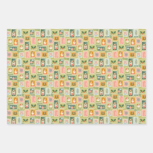 Kerstzegels, groene bogen, kerstman en sneeuwpoppe inpakpapier vel (Voorkant)