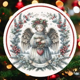 Kerstzegeningen Angel Green Pine Red Berries Ronde Sticker