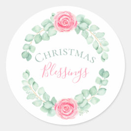 Kerstzegeningen Bloemige Eucalyptus Waterverf Ronde Sticker