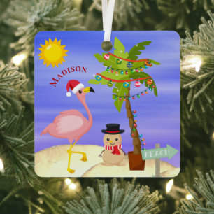 kerstzomerflamingo Beach Persoonlijke naam Metalen Ornament