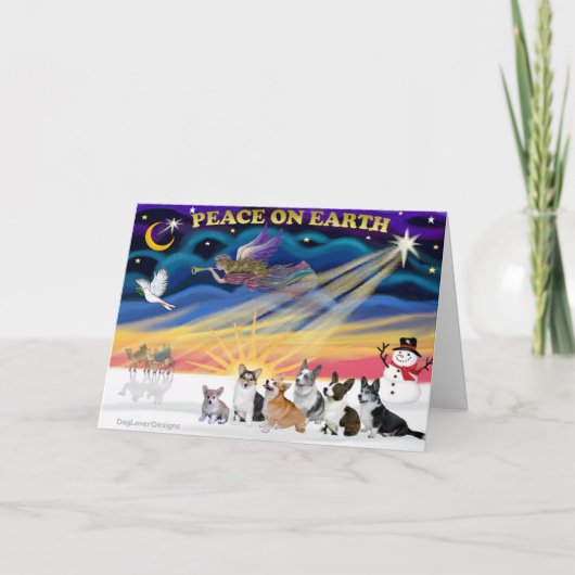 Kerstzonsopkomst - Welsh Corgies (zes) Feestdagen Kaart (Voorkant)