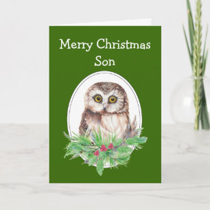 Kerstzoon Cute Owl Bird Holly PIne Feestdagen Kaart