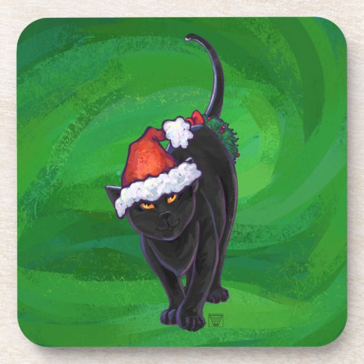 Kerstzwarte kat op groen drankjes onderzetter (Voorkant)