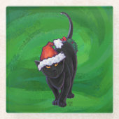 Kerstzwarte kat op groen glazen onderzetter (Voorkant)