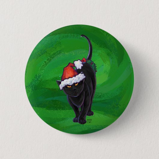 Kerstzwarte kat op groen ronde button 5,7 cm (Voorkant)