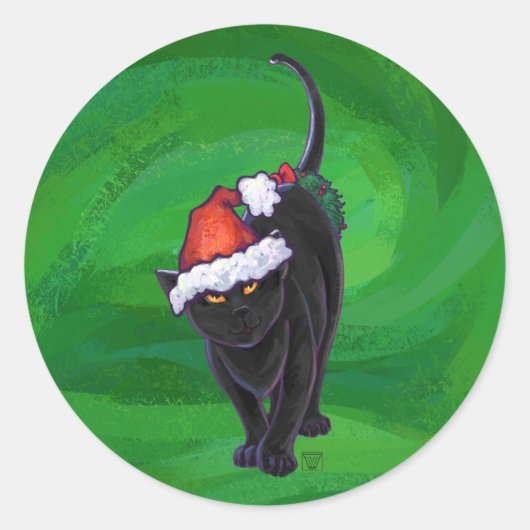 Kerstzwarte kat op groen ronde sticker (Voorkant)