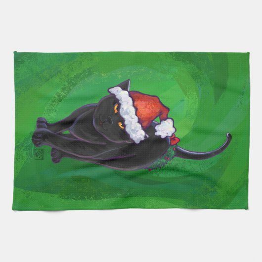 Kerstzwarte kat op groen theedoek (Horizontaal)
